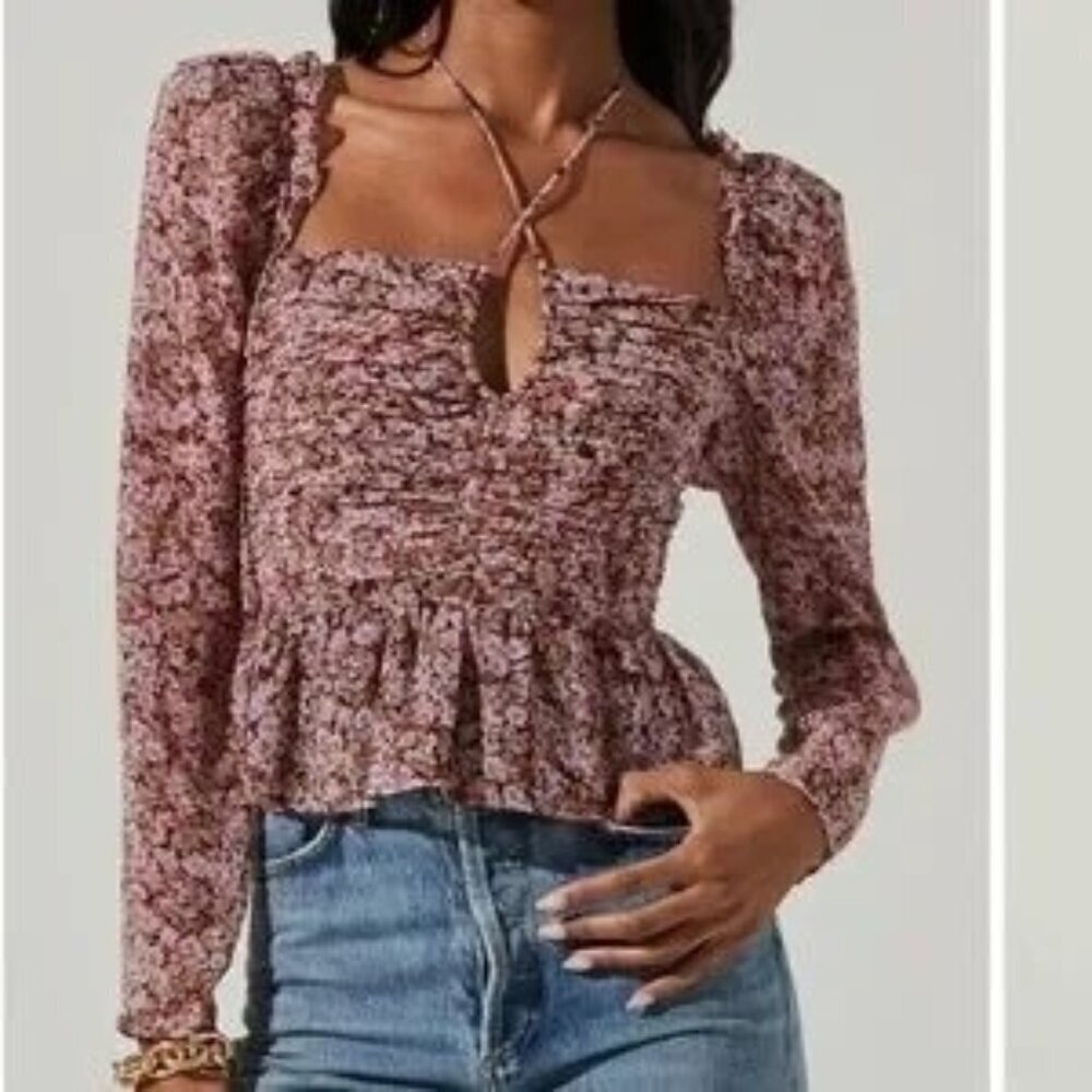Astr the Label floral ruched puff sleeve blouse size S